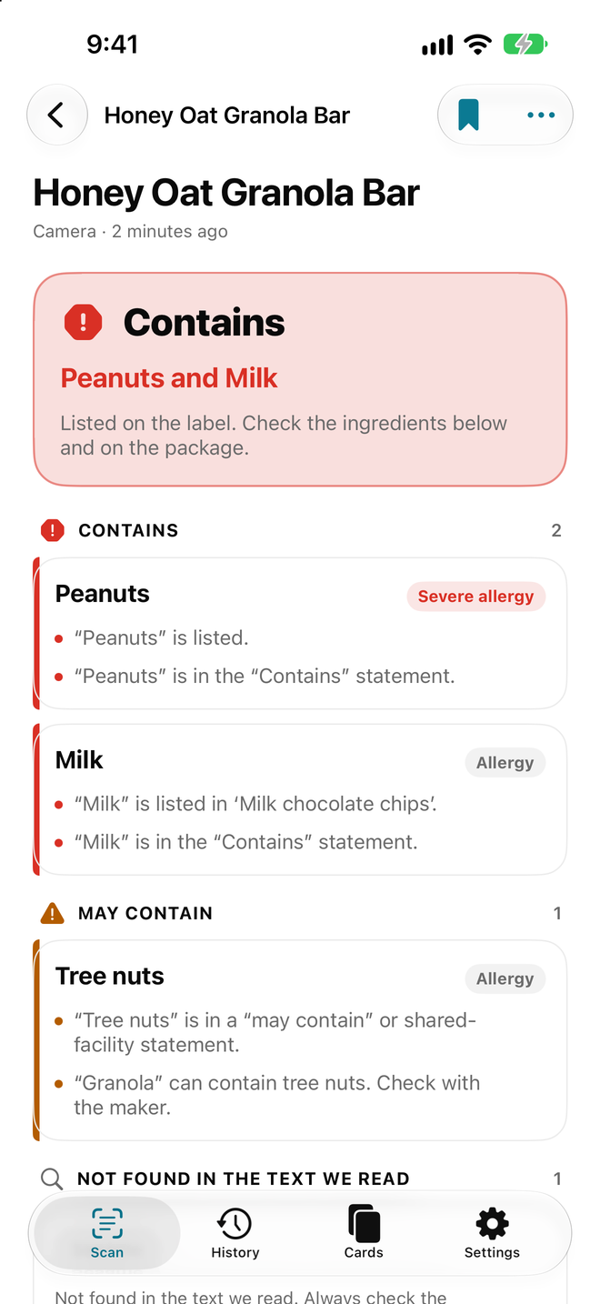 A scan result with peanuts and milk flagged as Contains and tree nuts as May contain