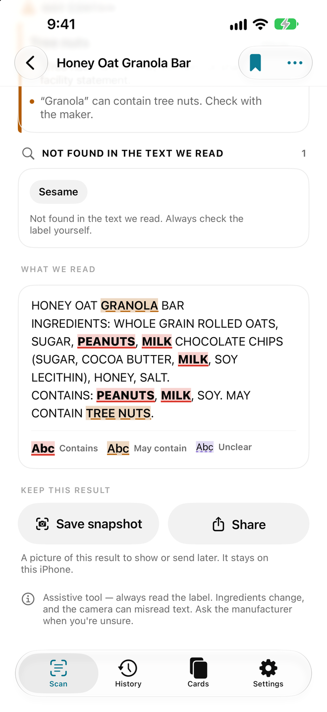 The label text as read, with every matching word highlighted