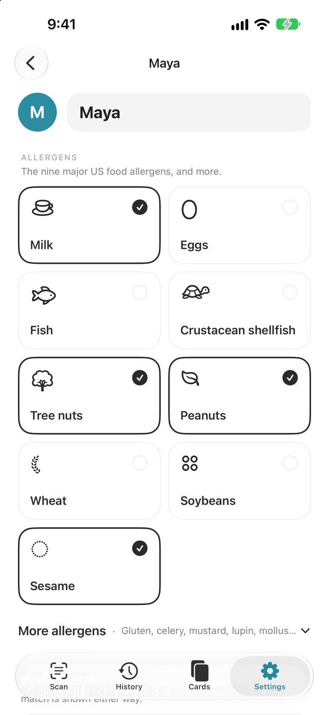 The profile screen with allergens and diets selected