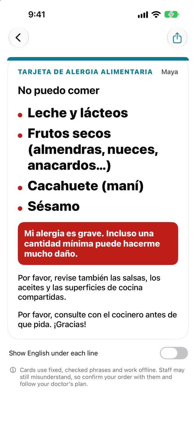 A full-screen travel allergy card