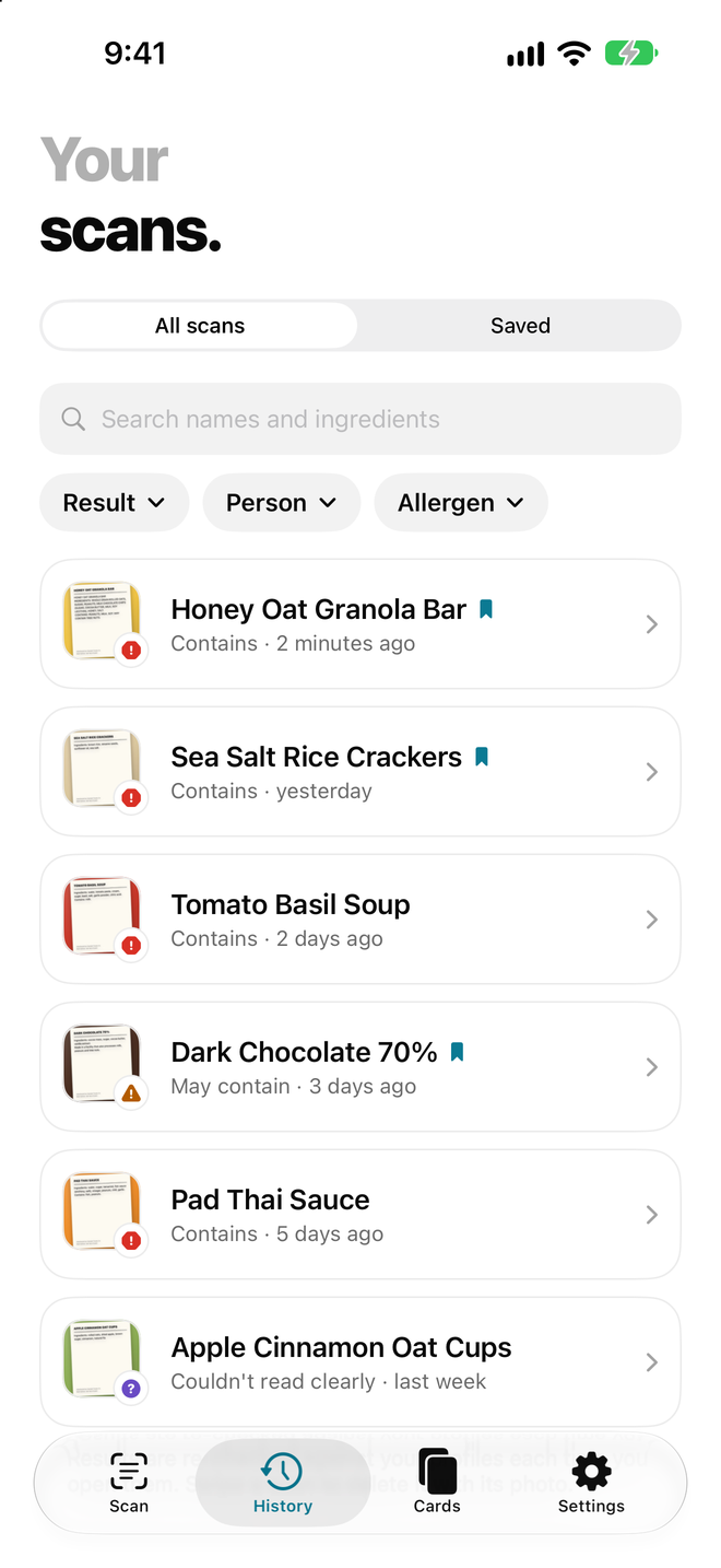 The history of past scans and saved products