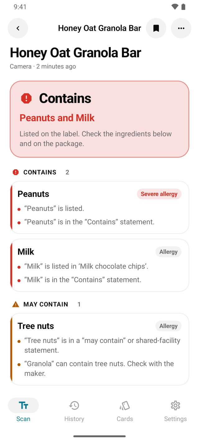 AllergenLens on Android: a scanned label result